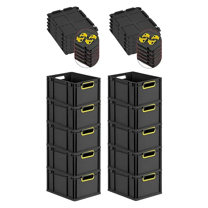 Proregal Euroboxen-Set 10x Eurobox NextGen Color mit Auflagedeckel und Schiebeschnappverschlüsse - L x B x H: 40 x 30 x 22 cm, Kunststoff, Schwarz, Gelb, 10 Stk. - Schwarze Kunststoffboxen und Deckel, die gestapelt sind, mit gelben Griffen an den Boxen und gelben Akzenten an den Deckeln.