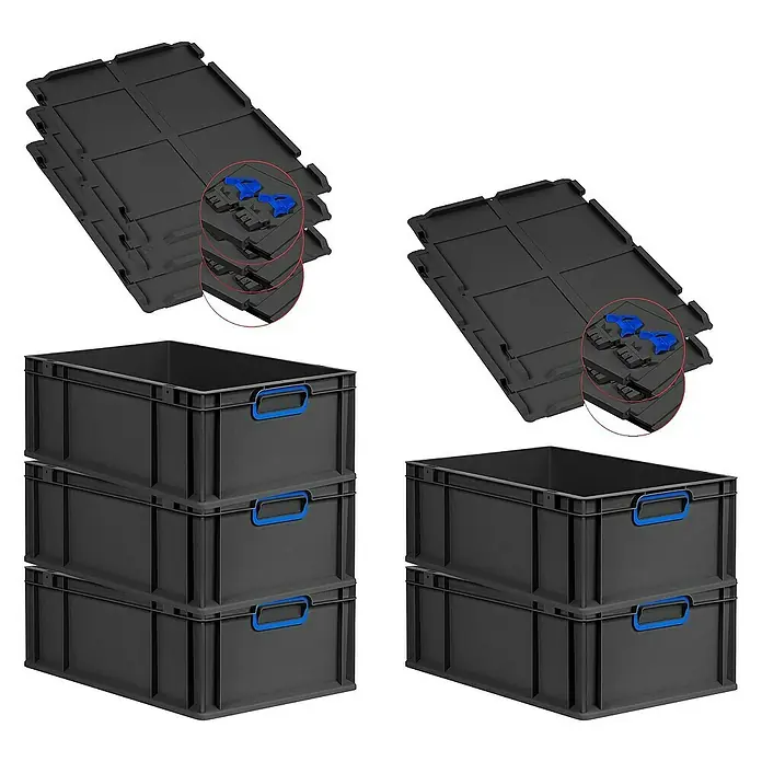 Proregal Euroboxen-Set 5x Eurobox NextGen Color mit Scharnierdeckel und Verschlüssen - L x B x H: 60 x 40 x 22 cm, Kunststoff, Schwarz, Blau, 5 Stk. - Bild von schwarzen Eurobehältern mit blauen Griffen und zugehörigen Deckeln.