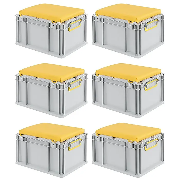 Proregal Euroboxen-Set 6x Eurobox NextGen Seat Box Gelb - L x B x H: 40 x 30 x 26,5 cm, Kunststoff, Grau, Gelb, 6 Stk. - Sechs graue Aufbewahrungsboxen mit gelben gepolsterten Sitzen darauf, ideal für Organisation und bequemes Sitzen.