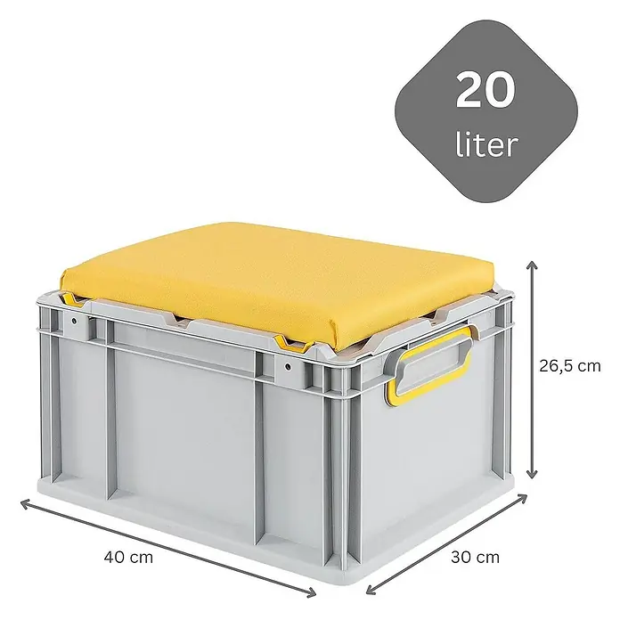 Proregal Euroboxen-Set 6x Eurobox NextGen Seat Box Gelb - L x B x H: 40 x 30 x 26,5 cm, Kunststoff, Grau, Gelb, 6 Stk. - Graue Aufbewahrungsbox mit gelbem Kissen und den Maßen 40x30x26,5 cm, Fassungsvermögen 20 Liter.