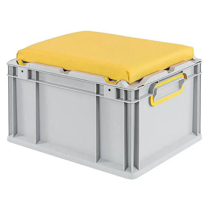 Proregal Euroboxen-Set 6x Eurobox NextGen Seat Box Gelb - L x B x H: 40 x 30 x 26,5 cm, Kunststoff, Grau, Gelb, 6 Stk. - Graue Eurobox mit gelbem Sitzkissen. Praktisch und bequem für Lagerung und Sitzgelegenheit, ideal für Werkstatt oder Garage.
