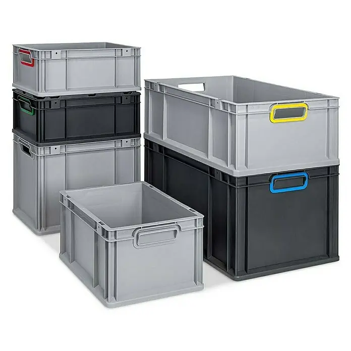 Proregal Euroboxen-Set 10x Eurobox NextGen Color mit Scharnierdeckel und Verschlüssen - Kunststoff, Schwarz, Gelb, 10 Stk. - Stapelbare Eurobehälter in Grau und Schwarz, ideal für Lagerung und Transport. Die Boxen sind robust und vielseitig einsetzbar.