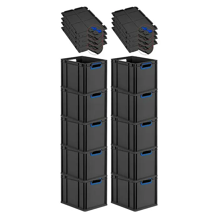 Proregal Euroboxen-Set 10x Eurobox NextGen Color mit Scharnierdeckel und Verschlüssen - Kunststoff, Schwarz, Blau, 10 Stk. - Schwarze Lagerkisten mit blauen Griffen und passenden Deckeln, ideal für die Organisation und Aufbewahrung verschiedener Gegenstände.