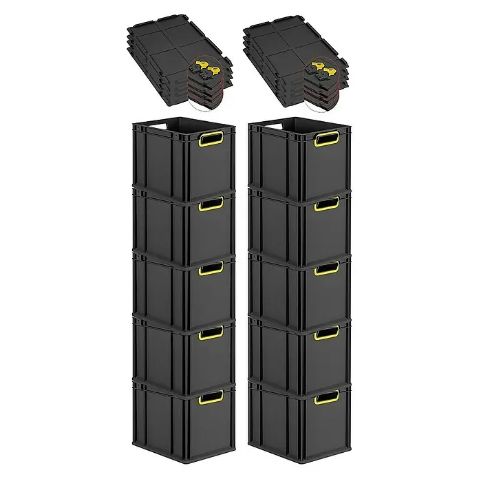 Proregal Euroboxen-Set 10x Eurobox NextGen Color mit Scharnierdeckel und Verschlüssen - Kunststoff, Schwarz, Gelb, 10 Stk. - Das Bild zeigt zwei Stapel schwarzer, faltbarer Aufbewahrungsboxen mit gelben Griffen und zwei Stapel dazugehöriger Deckel.
