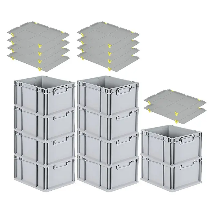 Proregal Euroboxen-Set 10x Eurobox NextGen Grip mit Auflagedeckel inkl. 4 gelben Verschlüssen - L x B x H: 40 x 30 x 22 cm, Kunststoff, Grau, 10 Stk. - Produktbild von grauen Aufbewahrungsboxen und Deckeln mit gelben Details, ideal für Organisation und Lagerung.