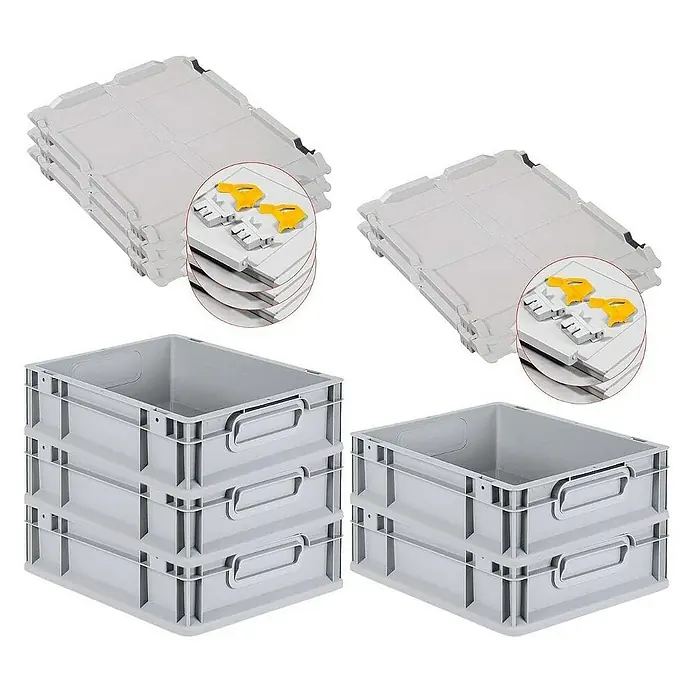 Proregal Euroboxen-Set 5x Eurobox NextGen Grip mit Scharnierdeckel und gelben Verschlüssen - L x B x H: 40 x 30 x 12 cm, Kunststoff, Grau, 5 Stk. - Stapelbare Lagerkisten und Deckel, ideal für Organisation und Lagerung. Die grauen Kunststoffbehälter sind robust und vielseitig einsetzbar.