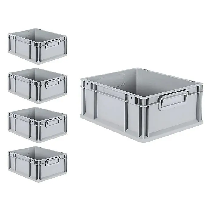 Proregal Euroboxen-Set 5x Eurobox NextGen Grip mit Scharnierdeckel und blauen Verschlüssen - L x B x H: 40 x 30 x 17 cm, Kunststoff, Grau, 5 Stk. - Fünf graue Kunststoffbehälter, ideal für Lagerung und Organisation, robust und stapelbar.