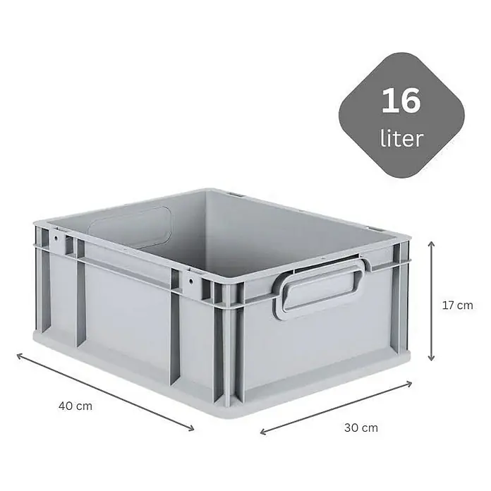 Proregal Euroboxen-Set 5x Eurobox NextGen Grip mit Scharnierdeckel und blauen Verschlüssen - L x B x H: 40 x 30 x 17 cm, Kunststoff, Grau, 5 Stk. - Abbildung einer grauen 16-Liter-Kunststoffbox mit den Maßen 40 x 30 x 17 cm, ideal für die Lagerung und Organisation verschiedener Gegenstände.