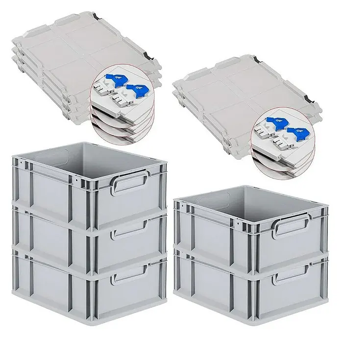 Proregal Euroboxen-Set 5x Eurobox NextGen Grip mit Scharnierdeckel und blauen Verschlüssen - L x B x H: 40 x 30 x 17 cm, Kunststoff, Grau, 5 Stk. - Graue Lagerboxen aus Kunststoff mit Deckeln, ideal für Ordnung und Lagerung in Werkstatt oder Lager.