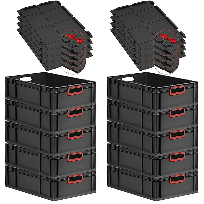 Proregal Euroboxen-Set 10x Eurobox NextGen Color mit Scharnierdeckel und Verschlüssen - L x B x H: 60 x 40 x 17 cm, Kunststoff, Schwarz, Rot, 10 Stk. - Abbildung von zwei Stapeln grauer Aufbewahrungsboxen mit roten Griffen und Deckeln.