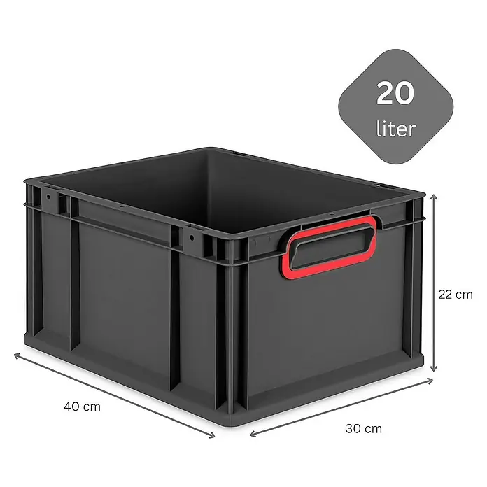 Proregal Euroboxen-Set 8x Eurobox NextGen Color mit Auflagedeckel und Schiebeschnappverschlüsse - Kunststoff, Schwarz, Rot, 8 Stk. - Grauer 20-Liter-Kunststoffbehälter mit roten Griffen und Größenangaben für Länge, Breite und Höhe.
