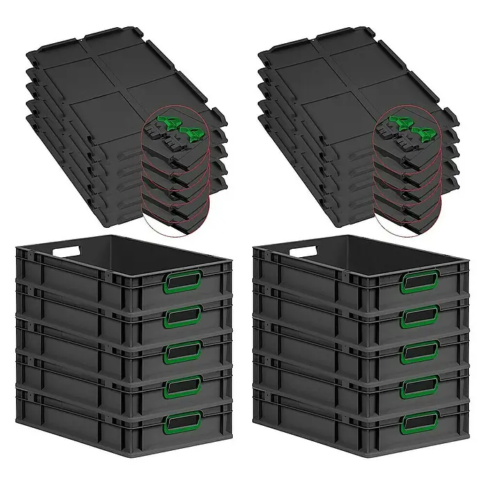 SuperSparSet 10x Eurobox NextGen Color mit Scharnierdeckel und Schiebeschnappverschlüssen | HxBxT 12x40x60cm | 23 Liter | Schwarz | Griffe grün offen | Eurobehälter, Transportbox, Transportbehälter, Stapelbehälter -  - Graue Kunststoffboxen mit grünen Griffen und dazugehörigen grauen Deckeln. Das Set ist ideal für Lagerung und Transport.