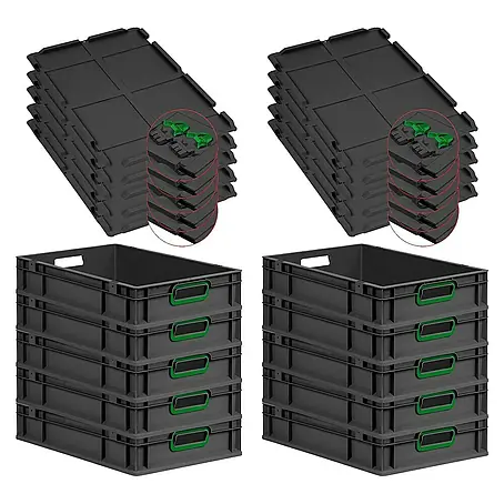 SuperSparSet 10x Eurobox NextGen Color mit Scharnierdeckel und Schiebeschnappverschlüssen | HxBxT 12x40x60cm | 23 Liter | Schwarz | Griffe grün offen | Eurobehälter, Transportbox, Transportbehälter, Stapelbehälter