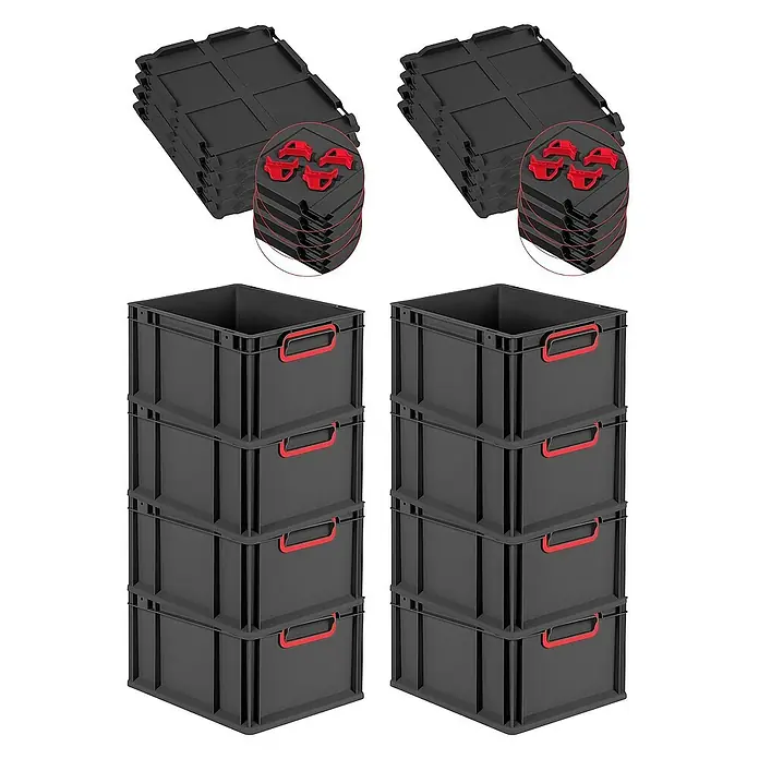 Proregal Euroboxen-Set 8x Eurobox NextGen Color mit Auflagedeckel und Schiebeschnappverschlüsse - Kunststoff, Schwarz, Rot, 8 Stk. - Ein Paar stapelbare, schwarze Kunststoffboxen mit roten Griffen und Deckeln. Ideal für Lagerung und Organisation im Büro oder Zuhause.