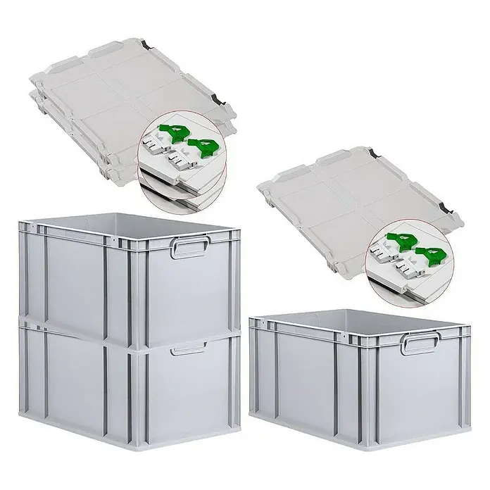 Proregal Euroboxen-Set 3x Eurobox NextGen Grip mit Scharnierdeckel und grünen Verschlüssen - L x B x H: 60 x 40 x 32 cm, Kunststoff, Grau, 3 Stk. - Bild von stapelbaren, grauen Kunststoffbehältern mit Deckeln. Ideal für Lagerung und Transport.