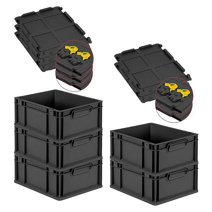 Proregal Euroboxen-Set 5x Eurobox NextGen Grip mit Scharnierdeckel und gelben Verschlüssen - L x B x H: 40 x 30 x 17 cm, Kunststoff, Schwarz, 5 Stk. - Stapelbare, faltbare und robuste graue Kunststoffbehälter für Lagerung und Organisation.