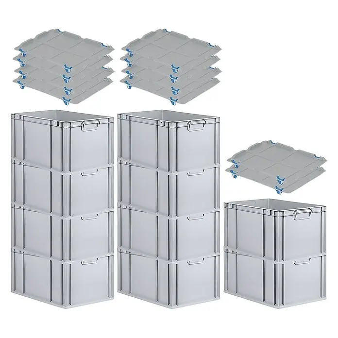 Proregal Euroboxen-Set 10x Eurobox NextGen Grip mit Auflagedeckel inkl. 4 blauen Verschlüssen - L x B x H: 60 x 40 x 32 cm, Kunststoff, Grau, 10 Stk. - Stapelbare graue Lagerboxen und dazugehörige Deckel. Perfekt für Organisation und Lagerung im Lager oder zu Hause.