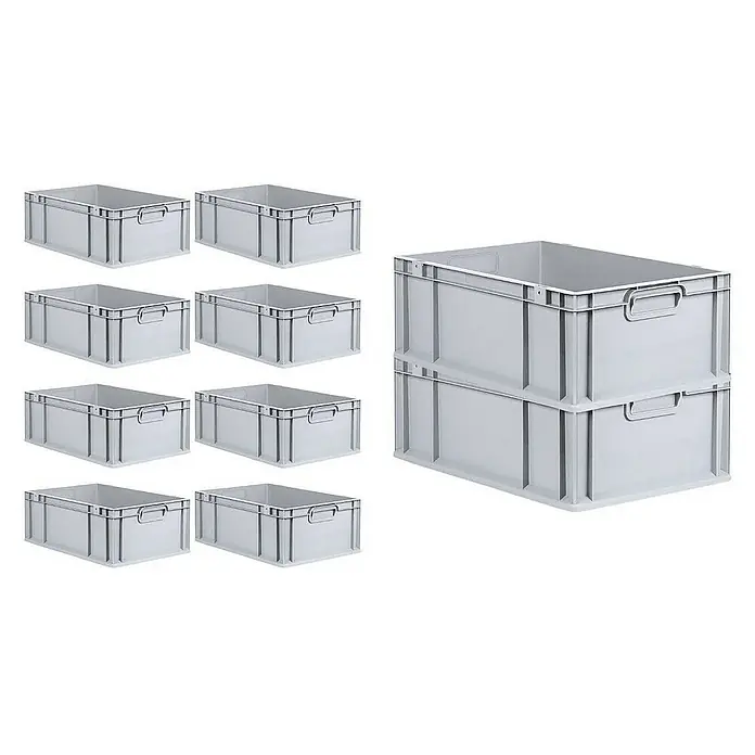 Proregal Euroboxen-Set 10x Eurobox NextGen Grip mit Scharnierdeckel und schwarzen Verschlüssen - L x B x H: 60 x 40 x 22 cm, Kunststoff, Grau, 10 Stk. - Das Bild zeigt acht graue Lagerboxen, die separat stehen, und zwei weitere, die übereinander gestapelt sind. Praktische Aufbewahrungslösung!