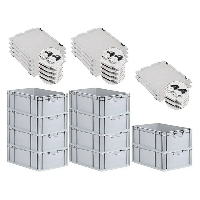Proregal Euroboxen-Set 10x Eurobox NextGen Grip mit Scharnierdeckel und schwarzen Verschlüssen - L x B x H: 60 x 40 x 22 cm, Kunststoff, Grau, 10 Stk. - Abbildung von grauen Eurobehältern, einige gestapelt, andere mit Deckeln. Ideal für Lagerung und Transport.
