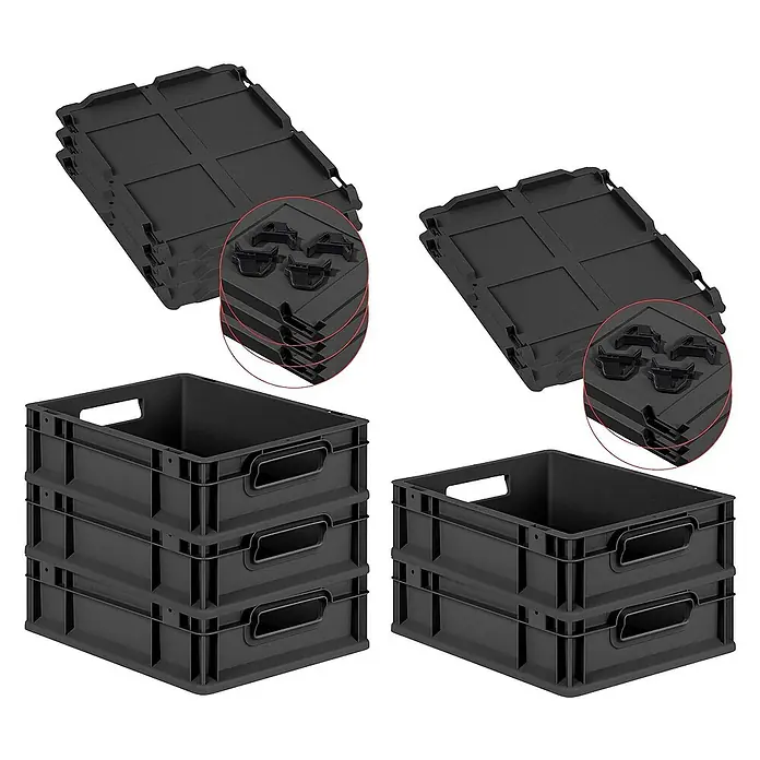 SparSet 5x Eurobox NextGen Grip mit Auflagedeckel inkl. 4 schwarzen Schiebeschnappverschlüssen | HxBxT 12x30x40cm | 11 Liter | Schwarz | Griffe offen | Eurobehälter, Transportbox, Transportbehälter, Stapelbehälter -  - Ein Satz schwarzer Kunststoff-Lagerboxen mit praktischen Griffen und flachen Deckeln. Perfekt für die Organisation.