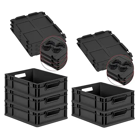 SparSet 5x Eurobox NextGen Grip mit Auflagedeckel inkl. 4 schwarzen Schiebeschnappverschlüssen | HxBxT 12x30x40cm | 11 Liter | Schwarz | Griffe offen | Eurobehälter, Transportbox, Transportbehälter, Stapelbehälter