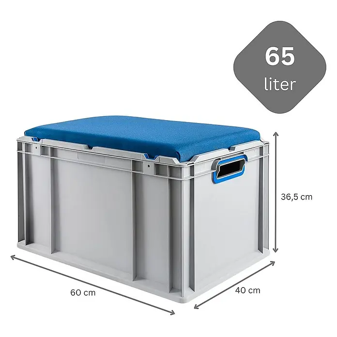 Proregal Euroboxen-Set 2x Eurobox NextGen Seat Box Blau - L x B x H: 60 x 40 x 36,5 cm, Kunststoff, Grau, Blau, 2 Stk. - Abgebildete graue Aufbewahrungsbox mit blauem Kissen und den Maßen 60x40x36,5 cm, Volumen 65 Liter.