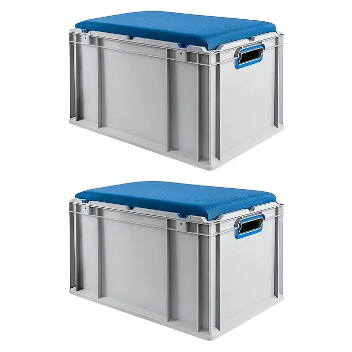 Proregal Euroboxen-Set 2x Eurobox NextGen Seat Box Blau - L x B x H: 60 x 40 x 36,5 cm, Kunststoff, Grau, Blau, 2 Stk. - Zwei graue Aufbewahrungsboxen mit blauen Sitzkissen, ideal für Organisation und Komfort in jedem Raum.
