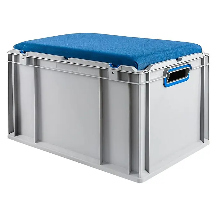 Proregal Euroboxen-Set 2x Eurobox NextGen Seat Box Blau - L x B x H: 60 x 40 x 36,5 cm, Kunststoff, Grau, Blau, 2 Stk. - Ein grauer Kunststoffbehälter mit blauem Polsterdeckel, ideal für die Aufbewahrung und als Sitzgelegenheit. Praktisch und vielseitig!