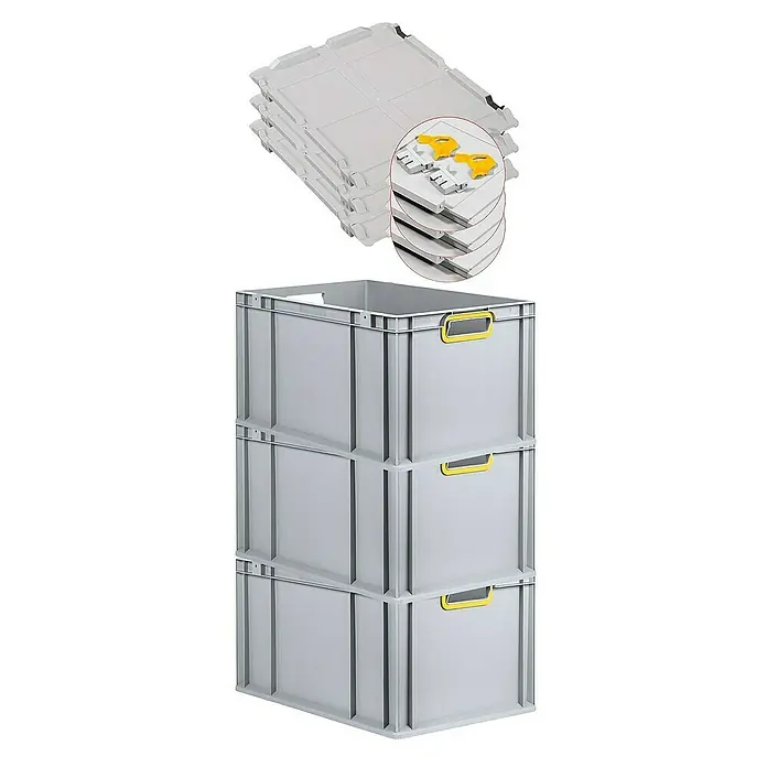 Proregal Euroboxen-Set 3x Eurobox NextGen Color mit Scharnierdeckel und Verschlüssen - L x B x H: 60 x 40 x 32 cm, Kunststoff, Grau, Gelb, 3 Stk. - Stapelbare graue Kunststoffboxen mit gelben Griffen und dazugehörige graue Deckel. Praktisch für Lagerung und Transport.