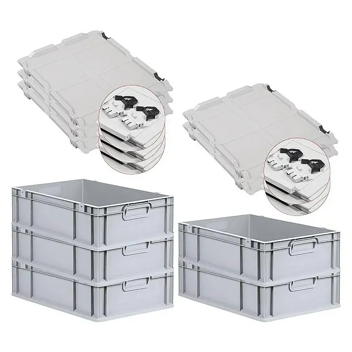 Proregal Euroboxen-Set 5x Eurobox NextGen Economy mit Scharnierdeckel und schwarzen Verschlüssen - L x B x H: 60 x 40 x 17 cm, Kunststoff, Grau, 5 Stk. - Graue Eurobehälter und Deckel im Stapel. Die robusten Behälter sind ideal für Lagerung und Transport.