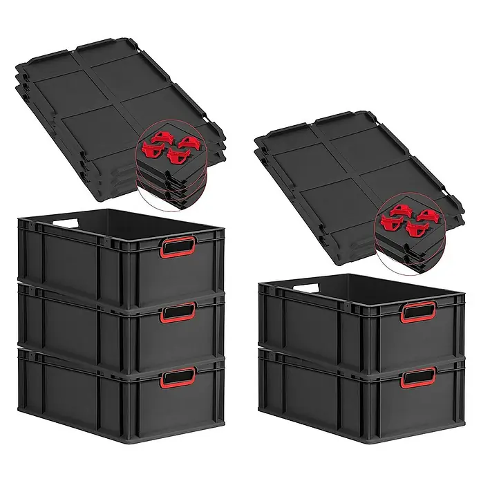 Proregal Euroboxen-Set 5x Eurobox NextGen Color mit Auflagedeckel und Schiebeschnappverschlüsse - L x B x H: 60 x 40 x 22 cm, Kunststoff, Schwarz, Rot, 5 Stk. - Bild von schwarzen, stapelbaren Lagerkisten mit roten Griffen und Deckeln, die eine praktische Aufbewahrungslösung bieten.