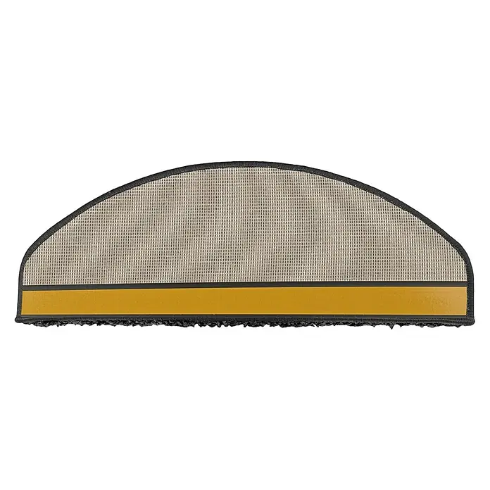 Stufenmatte Sphinx - 65 x 23,5 cm, 100 % Polypropylen, Schwarz - Halbmondförmige Teppichstufe mit einer braunen, netzartigen Oberfläche und einem gelben Klebestreifen, eingefasst in Schwarz.