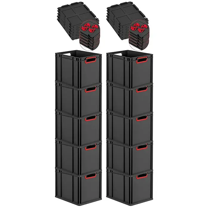 Proregal Euroboxen-Set 10x Eurobox NextGen Color mit Auflagedeckel und Schiebeschnappverschlüsse - Kunststoff, Schwarz, Rot, 10 Stk. - Bild von zwei Stapeln schwarzer Aufbewahrungsboxen mit roten Griffen und Deckeln. Praktisches Lagersystem für Zuhause und Büro.