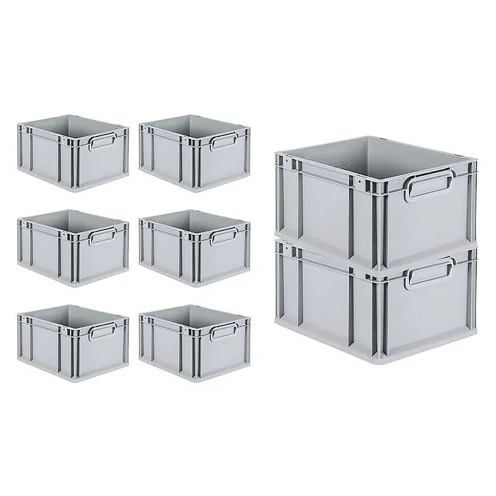 Proregal Euroboxen-Set 8x Eurobox NextGen Grip mit Scharnierdeckel und roten Verschlüssen - L x B x H: 40 x 30 x 22 cm, Kunststoff, Grau, 8 Stk. - Sieben graue Kunststoffbehälter, sechs einzeln und zwei gestapelt, ideal für Lagerung und Organisation in Werkstatt oder Lagerraum.