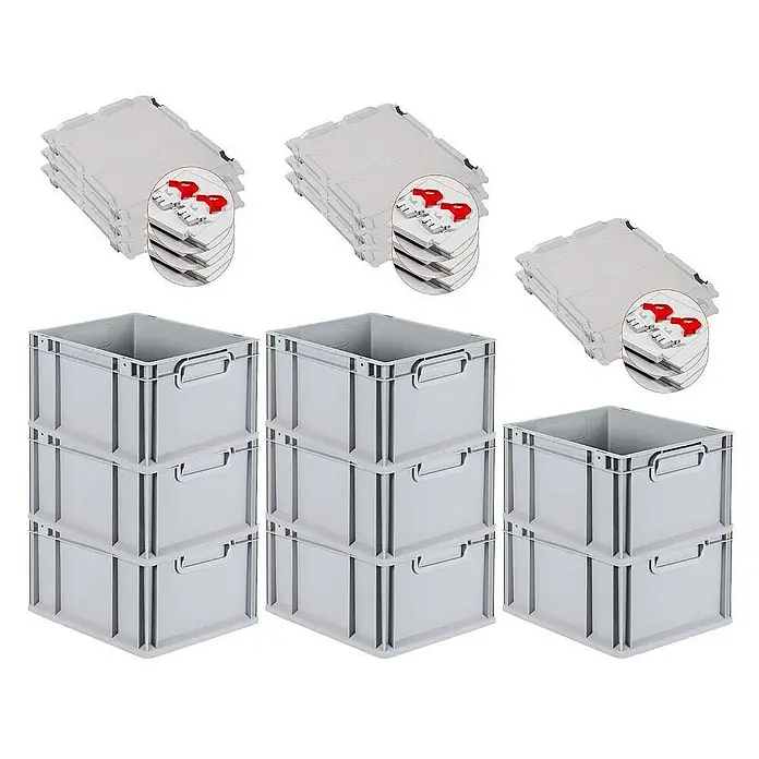 Proregal Euroboxen-Set 8x Eurobox NextGen Grip mit Scharnierdeckel und roten Verschlüssen - L x B x H: 40 x 30 x 22 cm, Kunststoff, Grau, 8 Stk. - Stapelbare, graue Kunststoffboxen mit Griffen und passenden Deckeln für eine ordentliche und platzsparende Lagerung.