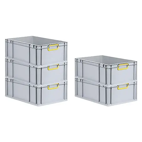 SparSet 5x Eurobox NextGen Color | HxBxT 22x40x60cm | 44 Liter | Griffe gelb geschlossen | Verstärkter Boden | Grau | Eurobehälter, Transportbox, Transportbehälter, Stapelbehälter