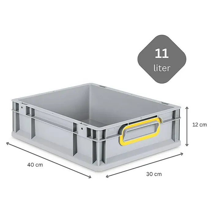 Proregal Euroboxen-Set 10x Eurobox NextGen Color mit Scharnierdeckel und Verschlüssen - L x B x H: 40 x 30 x 12 cm, Kunststoff, Grau, Gelb, 10 Stk. - Graue 11-Liter-Kunststoffbox mit gelben Griffen, ideal für Lagerung und Organisation. Die Box ist 40x30x12 cm groß.
