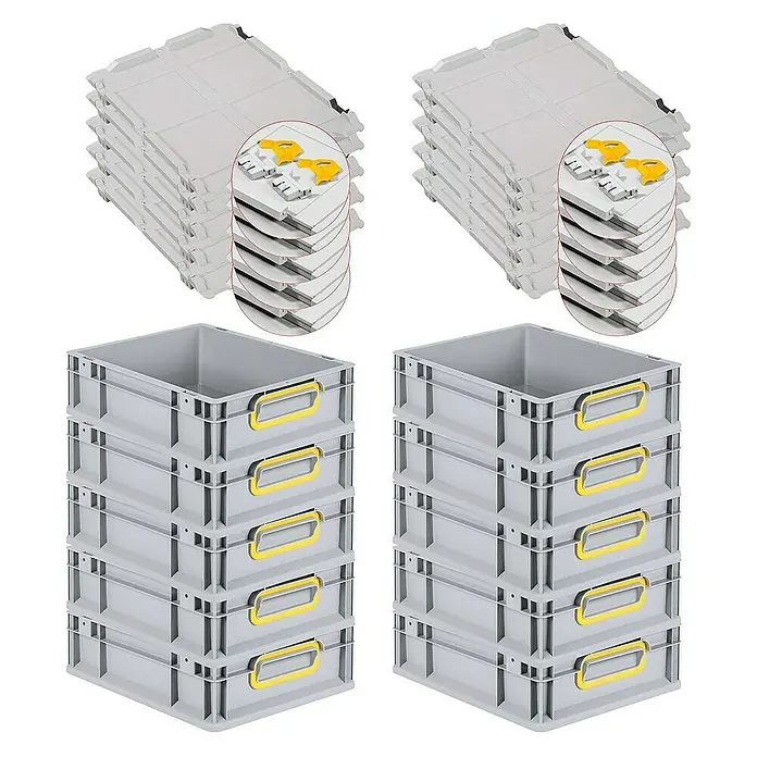 Proregal Euroboxen-Set 10x Eurobox NextGen Color mit Scharnierdeckel und Verschlüssen - L x B x H: 40 x 30 x 12 cm, Kunststoff, Grau, Gelb, 10 Stk. - Ein Stapel von grauen Kunststoffbehältern und Deckeln, ideal für Lagerung und Organisation in Werkstatt oder Lager.