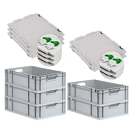 SuperSparSet 5x Eurobox NextGen Grip mit Scharnierdeckel und grünen Schiebeschnappverschlüssen | HxBxT 17x40x60cm | 34 Liter | Grau | Griffe offen | Glatter Boden | Eurobehälter, Transportbox, Transportbehälter, Stapelbehälter