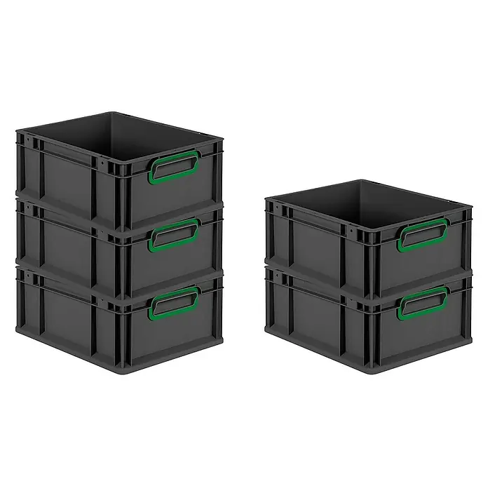 Proregal Euroboxen-Set 10x Eurobox NextGen Color - Kunststoff, Schwarz, Grün, 10 Stk. - Drei graue Kunststoffboxen sind gestapelt und zwei Boxen sind gestapelt, jede mit grünen Griffen, für Lagerung und Organisation.