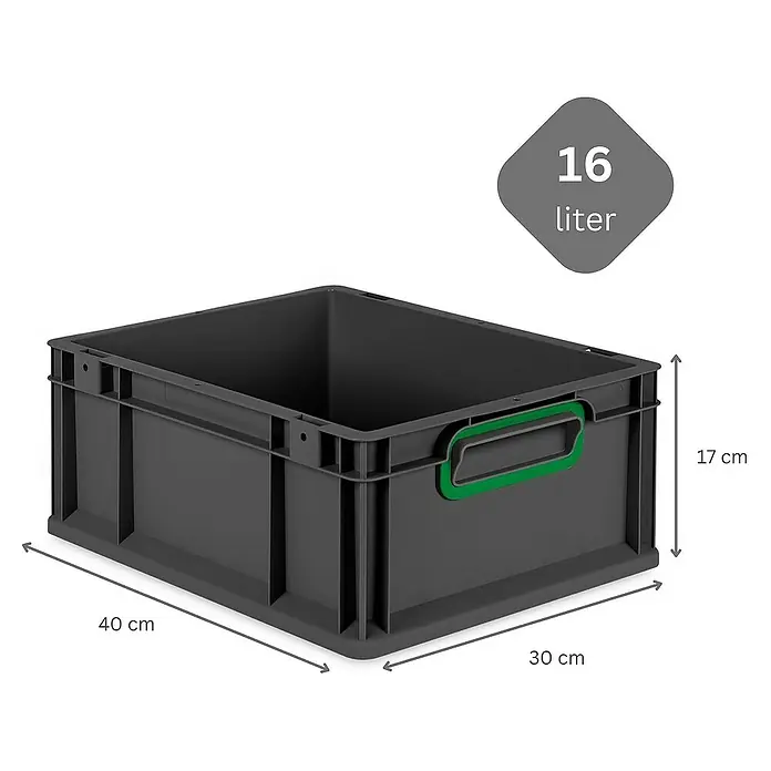 Proregal Euroboxen-Set 10x Eurobox NextGen Color - Kunststoff, Schwarz, Grün, 10 Stk. - Produktbild einer grauen 16-Liter-Kunststoffbox mit grünen Griffen und Abmessungen (40x30x17 cm) für Lagerung und Transport.