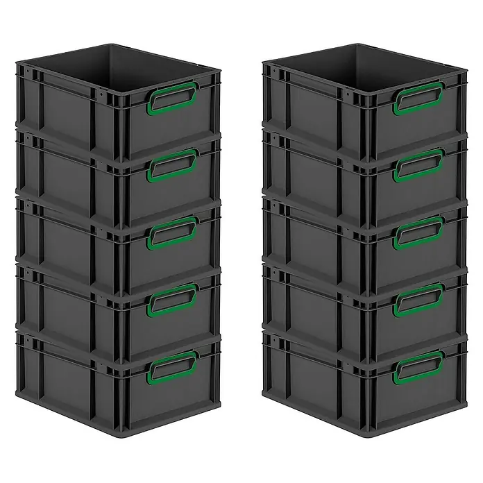 Proregal Euroboxen-Set 10x Eurobox NextGen Color - Kunststoff, Schwarz, Grün, 10 Stk. - Zwei Stapel grauer Eurobehälter mit grünen Griffen, ideal für Lagerung und Transport.