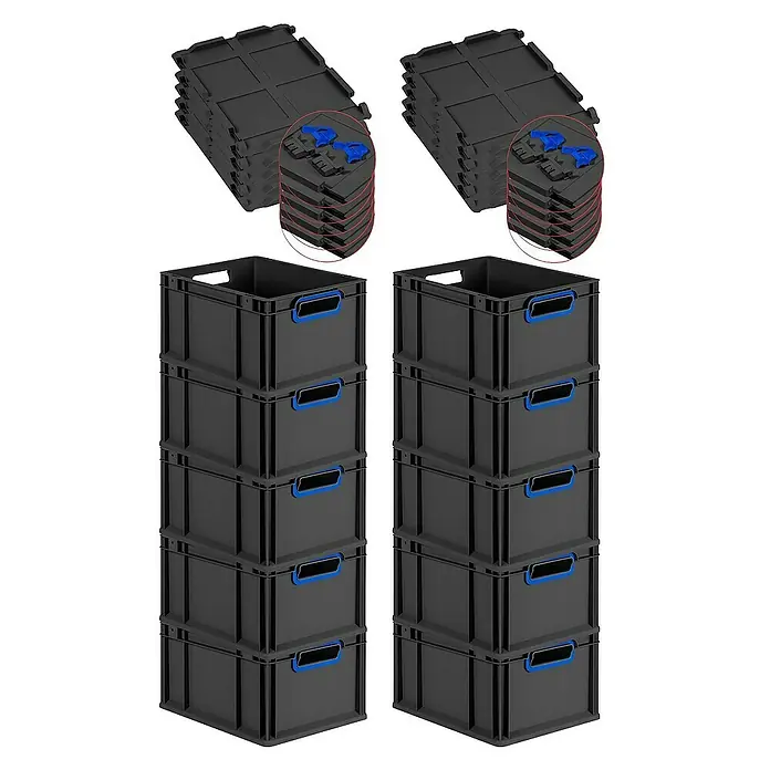 Proregal Euroboxen-Set 10x Eurobox NextGen Color mit Scharnierdeckel und Verschlüssen - L x B x H: 40 x 30 x 22 cm, Kunststoff, Schwarz, Blau, 10 Stk. - Bild von zwei Stapeln schwarzer Aufbewahrungskisten mit blauen Griffen und Deckeln. Ideal für Organisation und Lagerung im Haushalt.