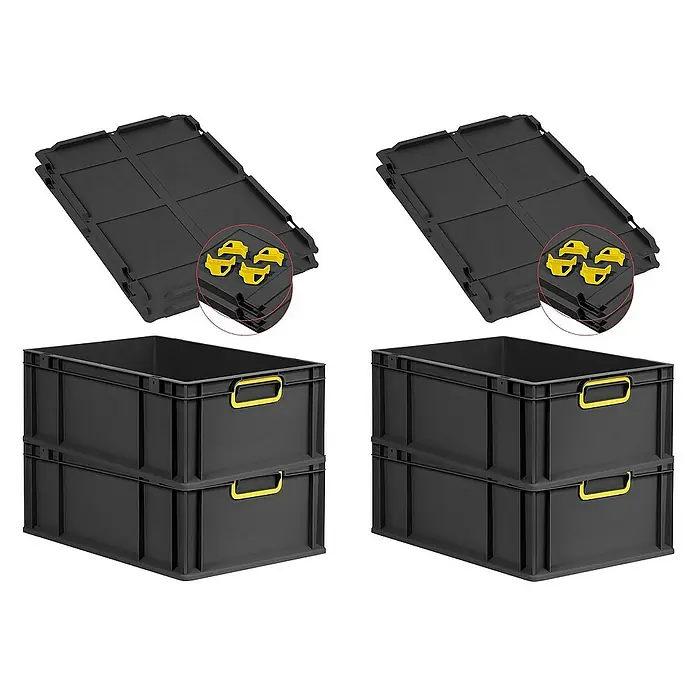 Proregal Euroboxen-Set 4x Eurobox NextGen Color mit Auflagedeckel und Schiebeschnappverschlüsse - L x B x H: 60 x 40 x 22 cm, Kunststoff, Schwarz, Gelb, 4 Stk. - Schwarze Kunststoffboxen mit gelben Griffen und Deckeln, ideal für Lagerung und Transport.\n