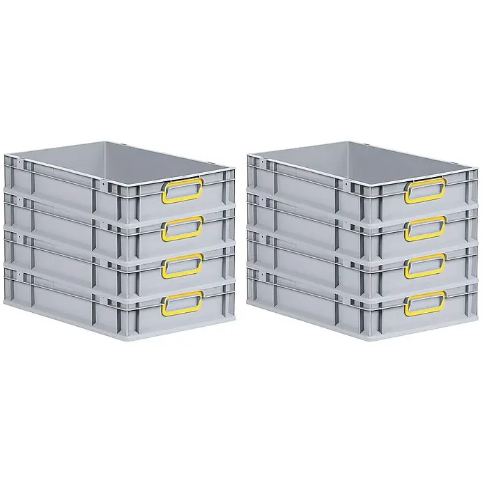 Proregal Euroboxen-Set 8x Eurobox NextGen Color - L x B x H: 60 x 40 x 12 cm, Kunststoff, Grau, Gelb, 8 Stk. - Abbildung von zwei Stapeln grauer Kunststoffboxen mit gelben Griffen, die für Lagerung und Organisation konzipiert sind.