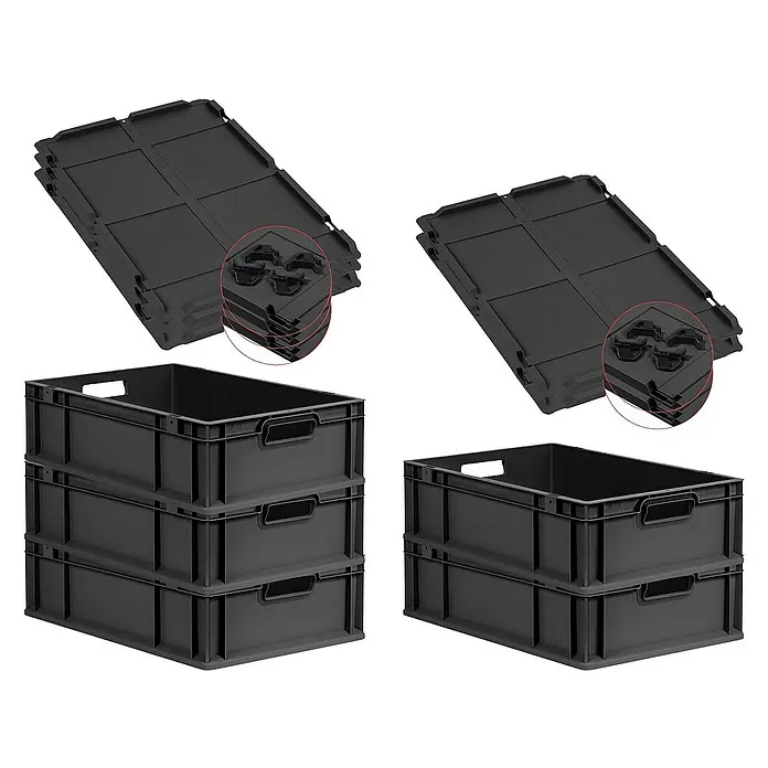 SuperSparSet 5x Eurobox NextGen Grip mit Auflagedeckel inkl. 4 schwarzen Schiebeschnappverschlüssen | HxBxT 17x40x60cm | 34 Liter | Schwarz | Griffe offen | Eurobehälter, Transportbox, Transportbehälter, Stapelbehälter -  - Dunkelgraue Kunststoffboxen, stapelbar mit Griffen und flachen Deckeln. Ideal für Lagerung und Transport.