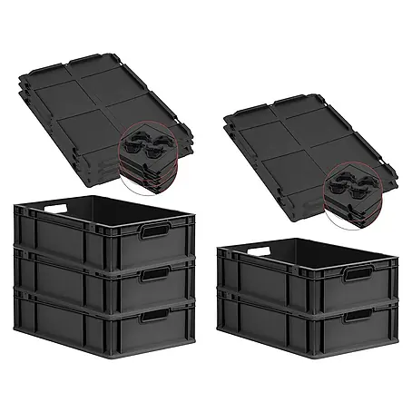 SuperSparSet 5x Eurobox NextGen Grip mit Auflagedeckel inkl. 4 schwarzen Schiebeschnappverschlüssen | HxBxT 17x40x60cm | 34 Liter | Schwarz | Griffe offen | Eurobehälter, Transportbox, Transportbehälter, Stapelbehälter