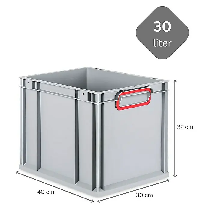 Proregal Euroboxen-Set 5x Eurobox NextGen Color mit Scharnierdeckel und Verschlüssen - Kunststoff, Grau, Rot, 5 Stk. - Graue 30-Liter-Kunststoffbox mit roten Griffen und Maßangaben (40x30x32 cm).