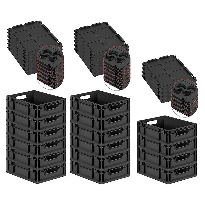 SuperSparSet 16x Eurobox NextGen Grip mit Auflagedeckel inkl. 4 schwarzen Schiebeschnappverschlüssen | HxBxT 12x30x40cm | 11 Liter | Schwarz | Griffe offen | Eurobehälter, Transportbox, Transportbehälter, Stapelbehälter -  - Bild von schwarzen Aufbewahrungsboxen und Getränketabletts. Praktisches Stapelsystem zur Organisation von Gegenständen und Getränken.