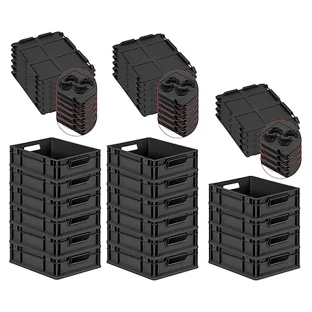 SuperSparSet 16x Eurobox NextGen Grip mit Auflagedeckel inkl. 4 schwarzen Schiebeschnappverschlüssen | HxBxT 12x30x40cm | 11 Liter | Schwarz | Griffe offen | Eurobehälter, Transportbox, Transportbehälter, Stapelbehälter